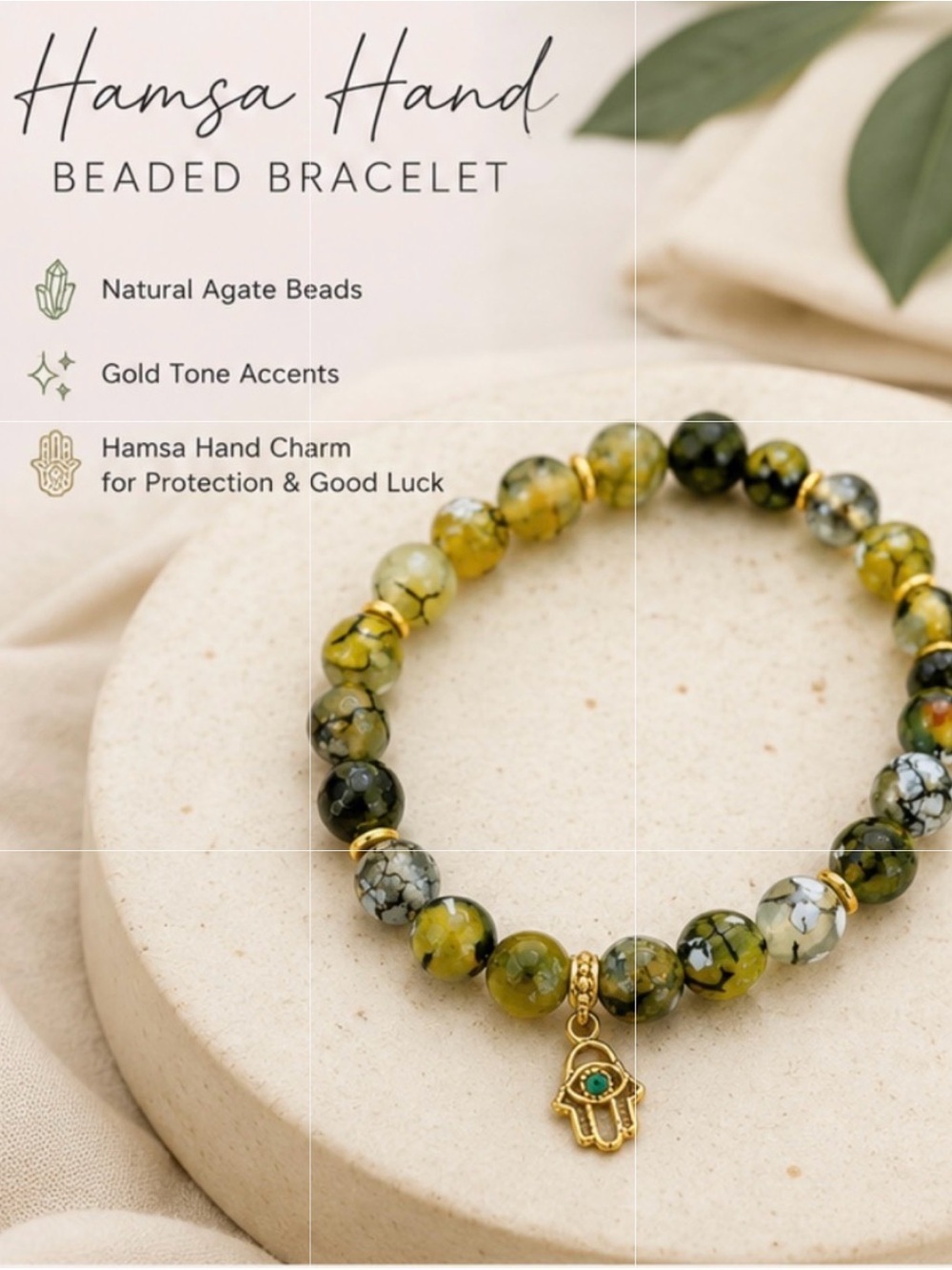 Hamsa Hand Agate Beaded Bracelet - Green with Gold Accents